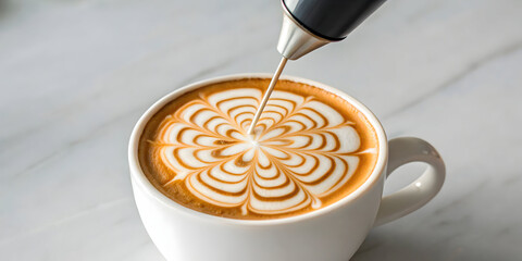 Milk frother spinning latte art clouds