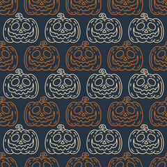 Outline linear halloween pumpkins isolated on dark green blue background. Seamless pattern. Vector simple flat graphic illustration. Texture.