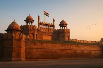 Fototapeta premium Red fort delhi india historical landmark architecture tourism travel destination indian flag sunrise view