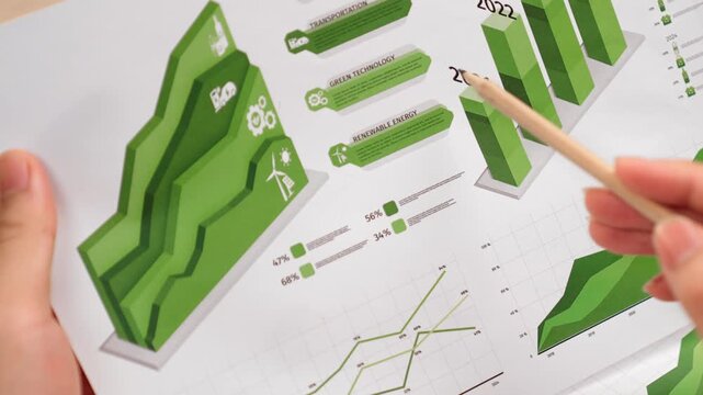 Businessman focus about using alternative energy making eco building in company, analyze green power usage graph and clean technology chart for decreasing carbon footprint to save earth. Delineation.