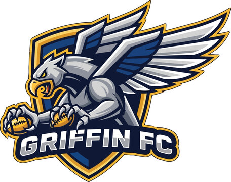 Illustrated griffin fc logo with a shield and a griffin holding a football on a dark blue background