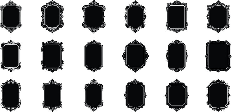 Vector art of collection of 21 ornate vintage decorative frames and borders with intricate patterns, isolated on transparent background