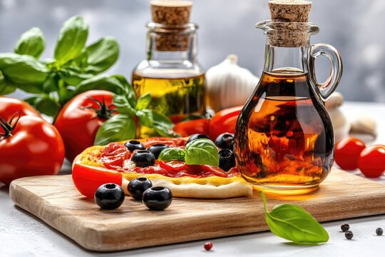 Appetizing Italian Food Still Life: Pizza, Olive Oil, and Fresh Ingredients