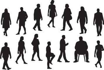 Vector collection of diverse people silhouettes in various walking and sitting poses