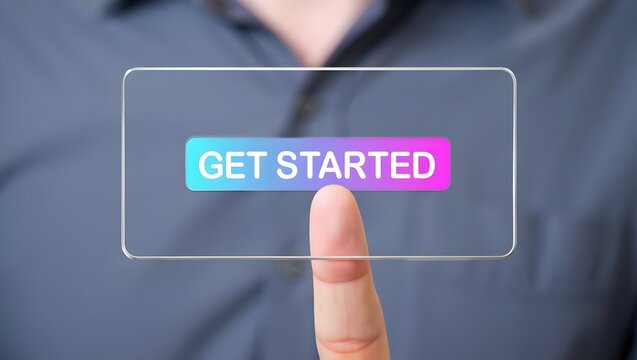 Finger pressing a 'Get Started' button on a futuristic transparent screen.