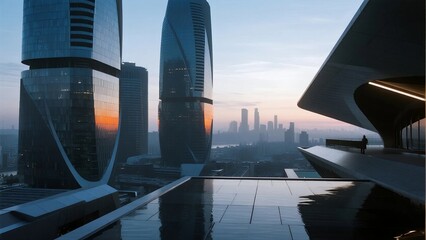 Fototapeta premium Modern City Skyscrapers with Reflective Pool at Dawn