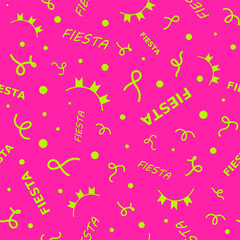Abstract colorful pattern. Seamless print composed of yellow green flags, stars and words fiesta on pink background. Print with words in spanish