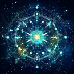Obraz premium Abstract geometric design with glowing center and cosmic background.