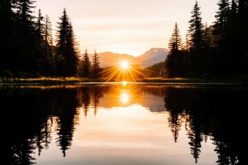 Obraz premium Golden sunrise reflected on a tranquil lake surrounded by towering trees.