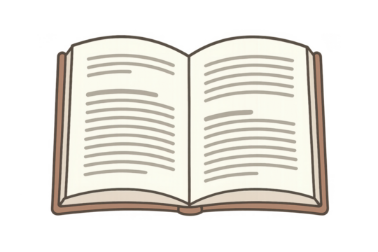 Open book lying on transparent background showing text inside