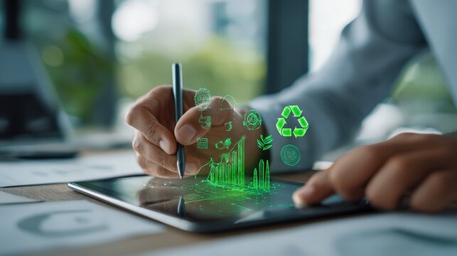 Sustainable Business Growth: Person Analyzing Green Economy Data on Tablet with Digital Graphics, Focus on Innovation