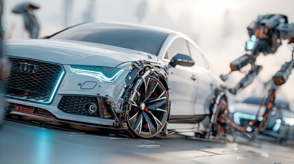 Futuristic vehicle with advanced robotic mechanisms.