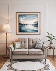 Modern living room with beige sofa and artwork on the wall  