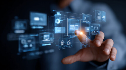 Man interacting with a futuristic digital interface on a virtual screen.