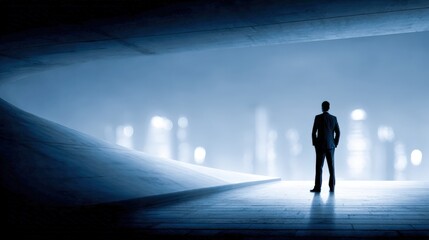 Obraz premium Silhouette of a Businessman Standing in an Empty Modern Space Overlooking a City Skyline at Night