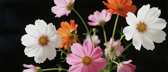Colorful Cosmos Flowers in Full Bloom with Green Stems