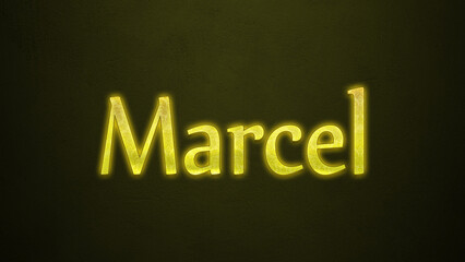 Neon glowing yellow Deutsche name of Marcel on dark background.