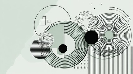 Obraz premium Abstract geometric design with circles, squares, and lines.