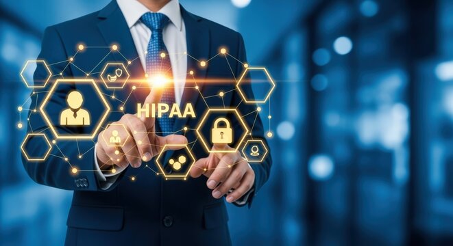 Healthcare Professional Interacting with Digital HIPAA Compliance Interface for Data Privacy and Security Regulations