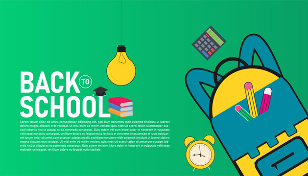Creative back to school flyer design with globe, graduation cap, and calculator,open book,clock,pencil,bulb, great for education campaigns, study abroad programs, and event invitation