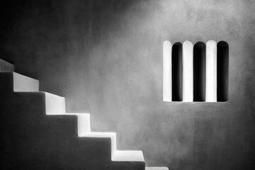 Obraz premium Interior stairway and recessed window detail in a textured wall.