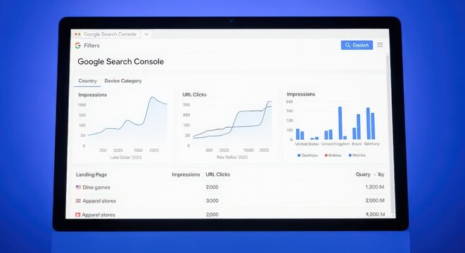 Google Search Console Dashboard Displayed on Tablet, Analyzing SEO Performance and Website Analytics