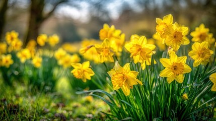 Fototapeta premium Vibrant Yellow Daffodils Blooming in a Lush Green Meadow, Signifying Spring and New Beginnings