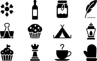 Bold Black Glyph Icons:  Camping, Food, Games, and Winter Themes