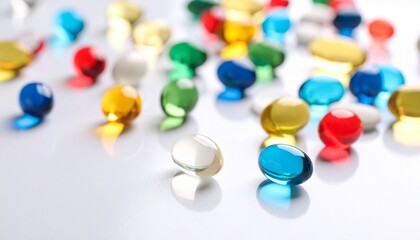 Scattered colorful capsules and pills on white surface, vibrant pharmaceutical flat lay