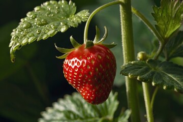 Fresh red strawberry hanging on plant with green leaves  