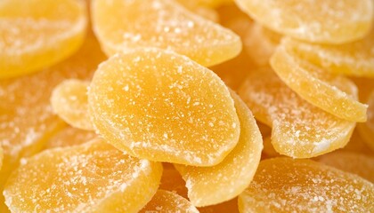 Crystallized dried ginger pieces coated in sugar on white background