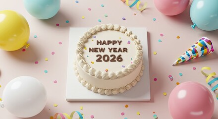 Festive 2026 New Year's Cake with Balloons and Confetti: A 3D Rendered Celebration