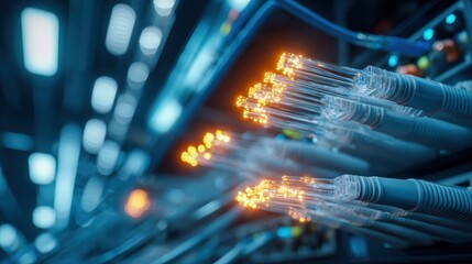 Fiber Optic Cables Illuminate Data Center, Connecting High-Speed Network Infrastructure for Seamless Communication
