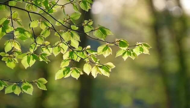 foglie verdi di un albero di faggio con i germogli nuovi sui rami sottili di giorno in primavera con sfondo sfuocato