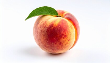 Single ripe peach with green leaf on white background