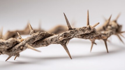 Obraz premium Crown of Thorns Close-Up: Symbolic Representation of Suffering, Sacrifice, and Resurrection on White Background