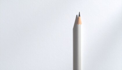 Single white sharpened pencil standing upright on plain white background