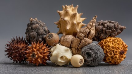 A small cluster of irregular seed pods in varying shapes spiky, smooth, coiled in shades of beige, ochre and ash gray.