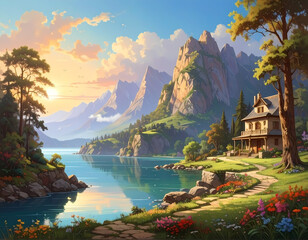 Serene lakeside mountain landscape