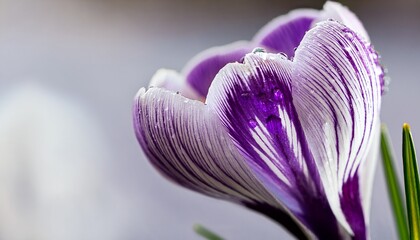 exquisite close up of purple and white crocus flower with sparkling water droplets n elegant spring bloom macro photography