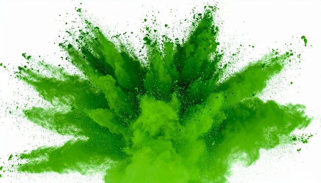 Vibrant green powder explosion on white background, dynamic and energetic motion