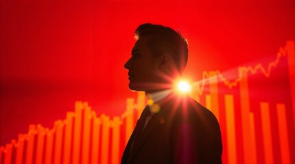 Silhouette of a man in suit against a backdrop of dynamic orange vertical lines, financial chart