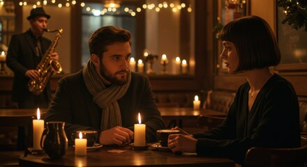 A couple engaged in a conversation at a candlelit table, with a musician playing the saxophone in the background.