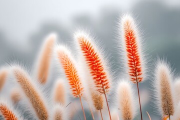 Close-up view of delicate fluffy grasses with orange highlights.