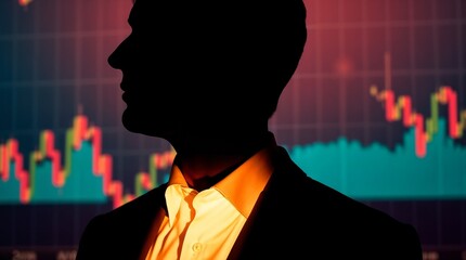 Silhouette of a man in suit against a backdrop of dynamic orange vertical lines, financial chart