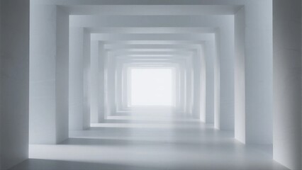Endless White Corridor with Geometric Architecture and Light at the End