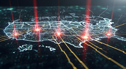 A digital map of the USA shows a widespread cyber attack or network failure