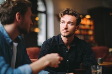 Two Men Engaged in a Conversation at a Cozy Café
