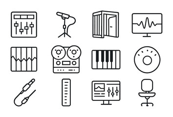 Music Studio Icons. Outline icon set of music studio setup: mixing console, boom mic, vocal booth, waveform