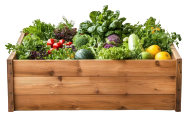 PNG Wooden raised bed filled with various vegetables and fruit planter produce box.
